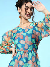 SASSAFRAS - Blue Floral Organza Tiered Short Dress